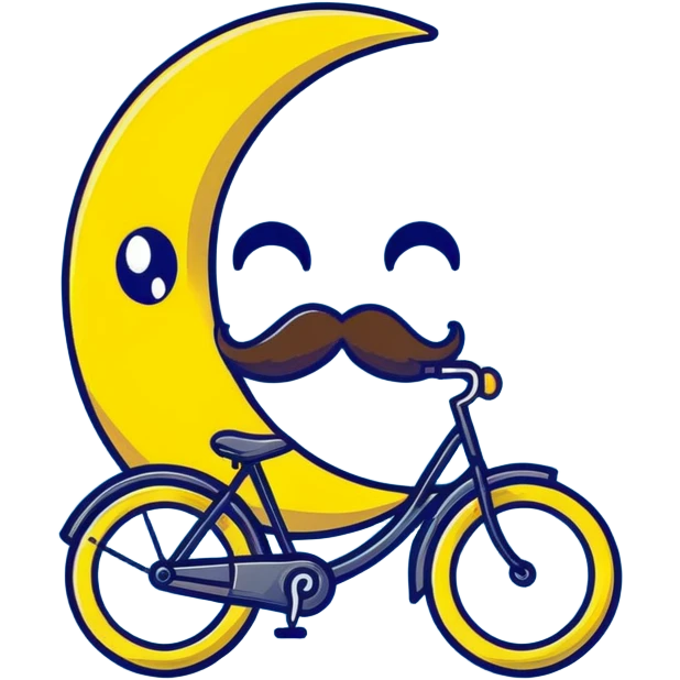 yellow crescent moon with a fancy handlebar mustache and cute smiling face emoji