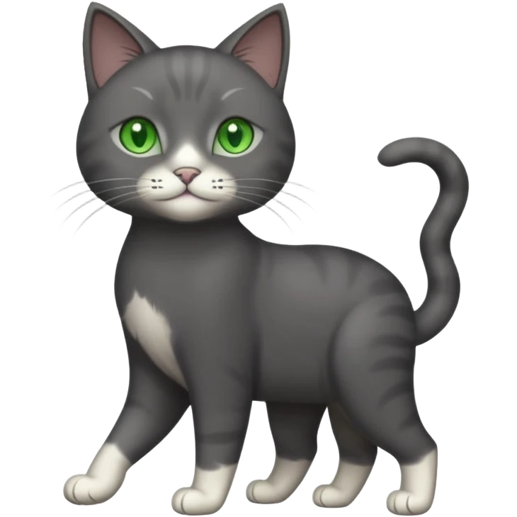 full body solid dark grey cat with green eyes, white paws and white whiskers walking emoji