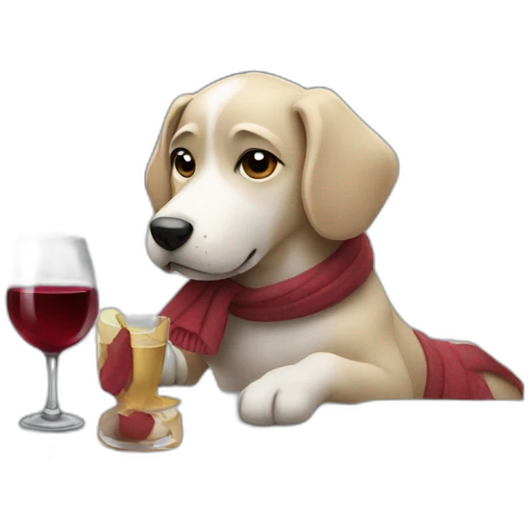 A dog is drinking wine on a table in street in a snowy day emoji