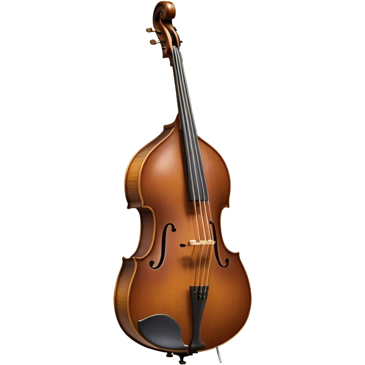 Create an elegant and detailed emoji representing a double bass with a bow. The design should feature the large, curved wooden body of the double bass with rich, dark wood tones and a smooth, polished finish. Include the long neck and scroll at the top of the instrument, with metal tuning pegs clearly visible. The bow should be shown beside or lightly touching the strings, emphasizing the role of the bow in producing sound. Add subtle musical notes or sound waves around the instrument to evoke its deep, resonant sound. Use warm tones like brown, gold, and ebony for the wood, with metallic accents for the strings and fittings. The background should be transparent. emoji