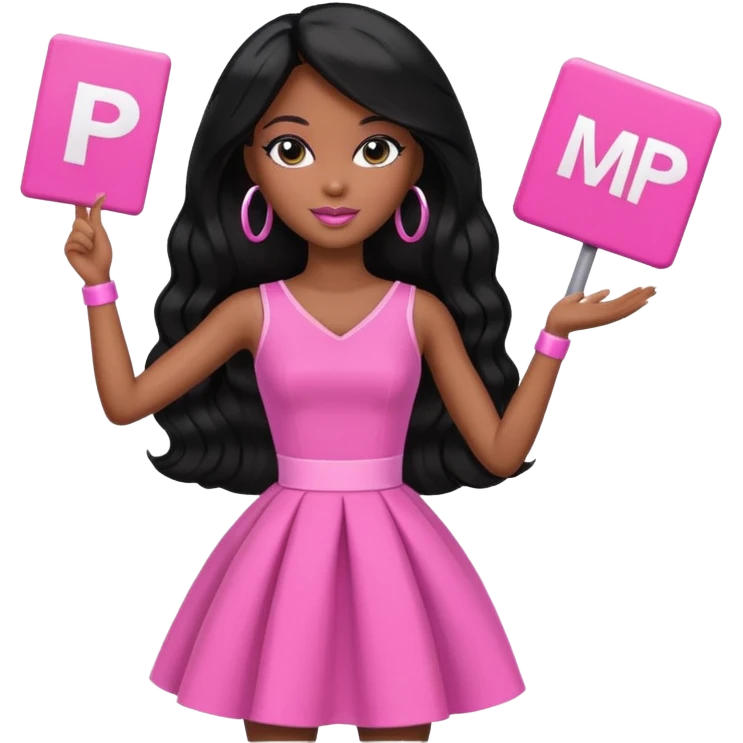 Black barbie, long black  hair, pink dress holding mvp sign  emoji