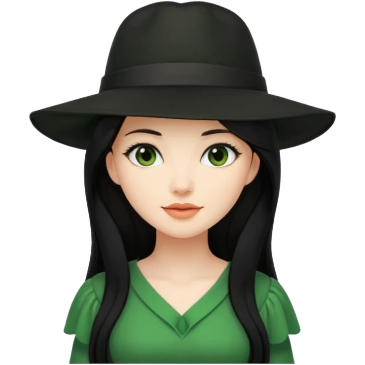 green dress black long hair black hat emoji