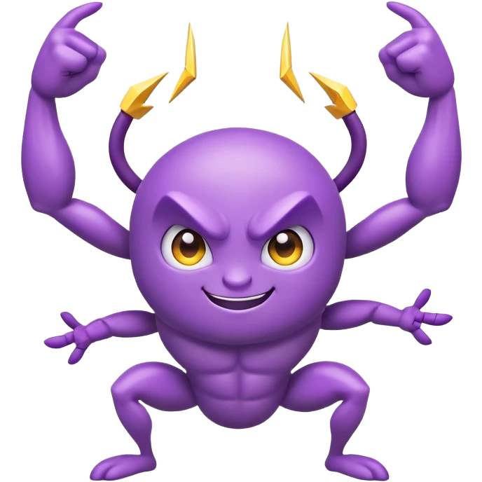 cute purple bug with confident narrowed eyes, strong flexing muscular arms, a fun happy smiling expression, and electric lightning bolt arms emoji