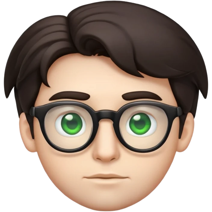 young male emoji with wide face, fuller lips, very poofy voluminous dark straight hair (not curly), big ears, pale skin, glasses, green eyes set wider apart, very light stubble emoji