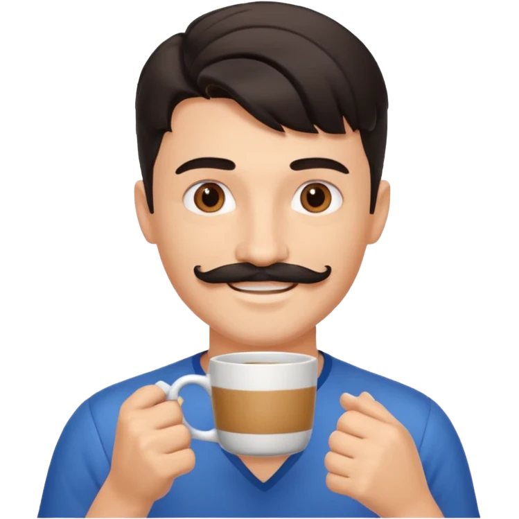 generate an ios genmoji of a fair young guy with black mustache, mullet hairstyle, drinking coffee emoji