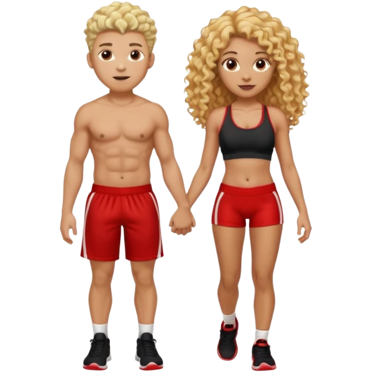 athletic man, high top fade, blonde curly hair only top only, no shirt and Athletic girl with long light red wavy long hair and black sports, Put them together kissing, or holding hands emoji