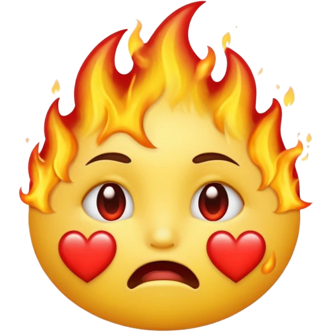 الايموجي الأصفر على شكلوش عيونه مدمعه و وراه نار و على فمه قلب احمر  emoji