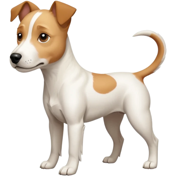 a full body facing front on of a buff white parson russell terrier looking dog the size of a kelpie with light brown long ears resting on its face and a light brown patch on one eye and a large snout. the rest of the dog is completely white.  emoji