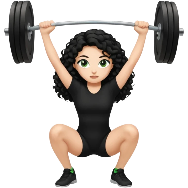 “Generate an image of a girl performing a snatch lift. She is Caucasian, has long curly black hair, green eyes, and long eyelashes. She is wearing a black shirt. The background can be black. emoji