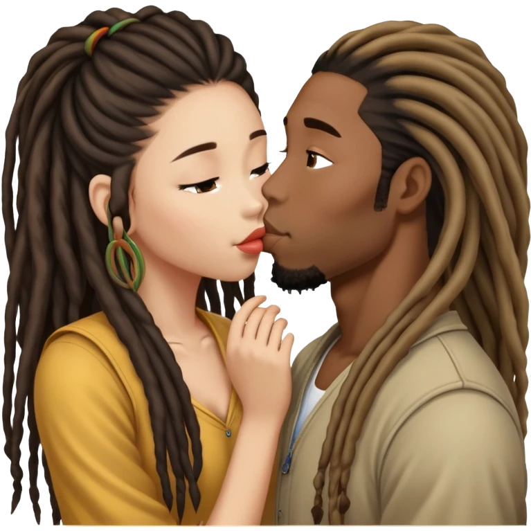 Black guy with dreadlocs kissing long haired Asian gum emoji