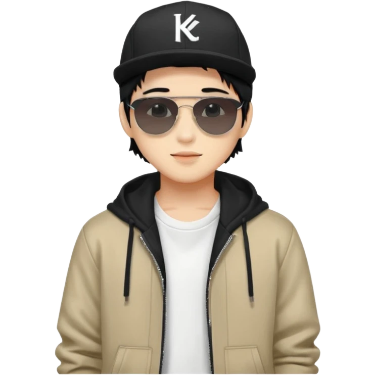 Portrait of a male K-pop idol, wearing a stylish streetwear outfit with layered clothing, makeup, wearing a black cap, happy, sunglasses emoji