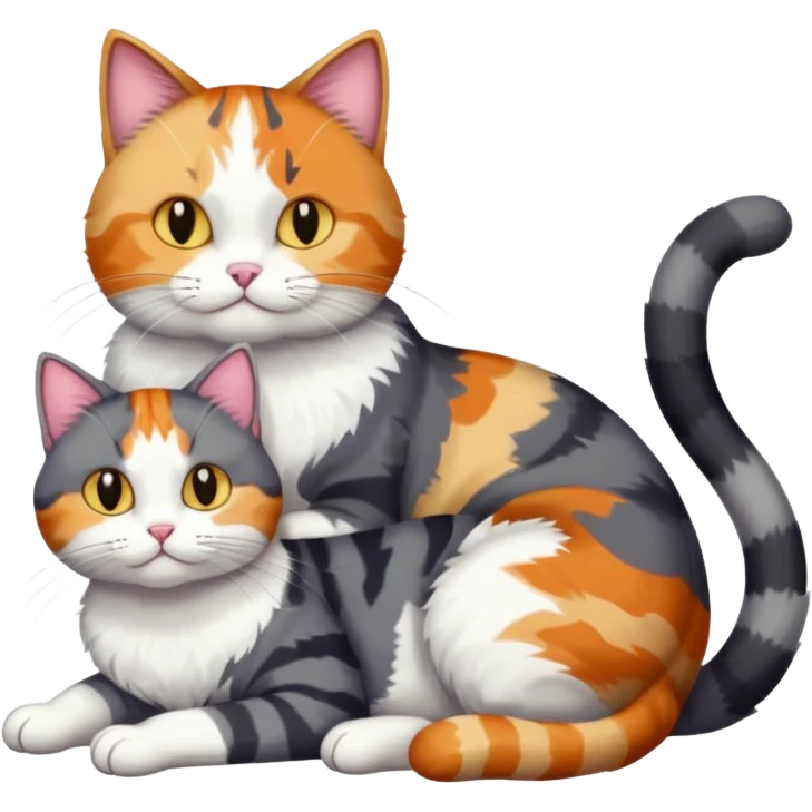 full body colourful light patched calico + white tabby cat cuddling a big dark grey and white tabby cat  emoji