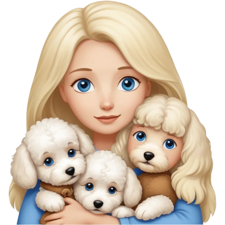 Blonde blue-eyed long-haired mother hugs two dogs, a Bichon Frise and a Teddy emoji