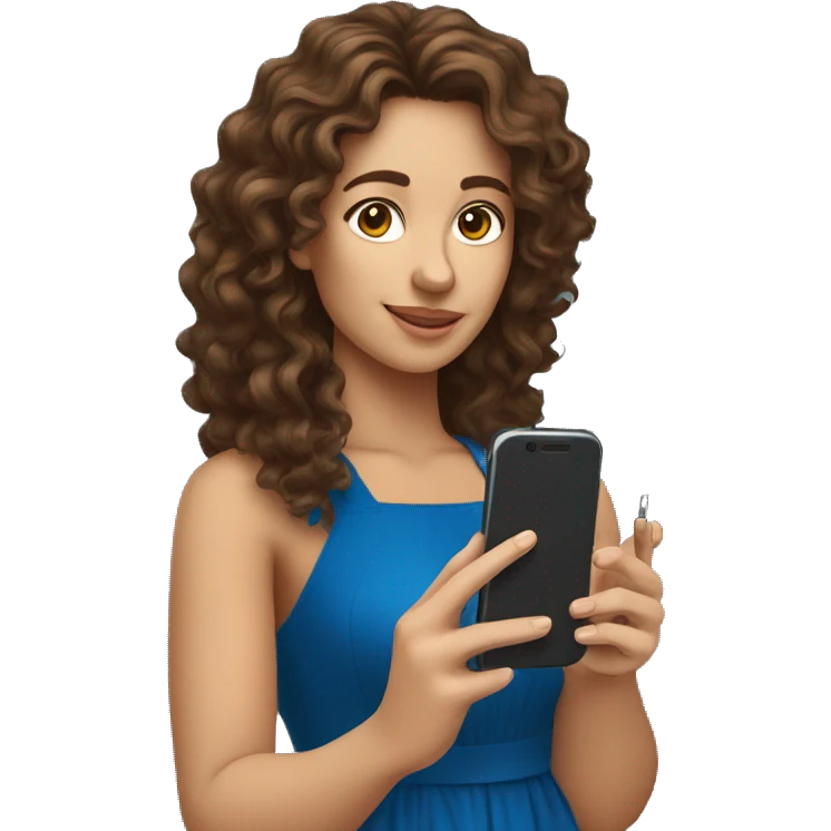 Spain woman content creator with long curly brown hair in blue dress and with smartphone  emoji