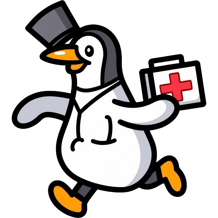 Side view of a penguin doctor running, wearing a top hat, holding a medical box with a red cross emoji