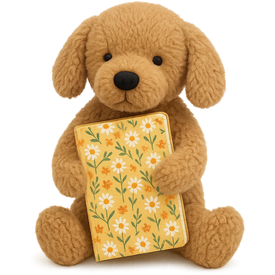 Jellycat style brown golden retriever puppy holding a yellow floral journal  emoji