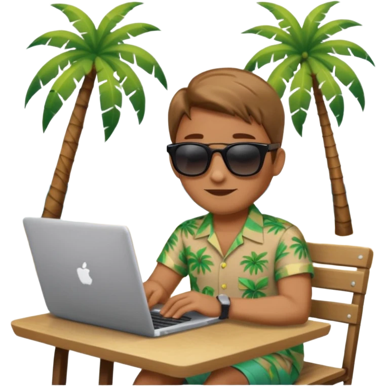 A gender-neutral emoji-style character (🧑‍💻) sitting at a small table with a laptop on the beach, palm tree and sea behind emoji