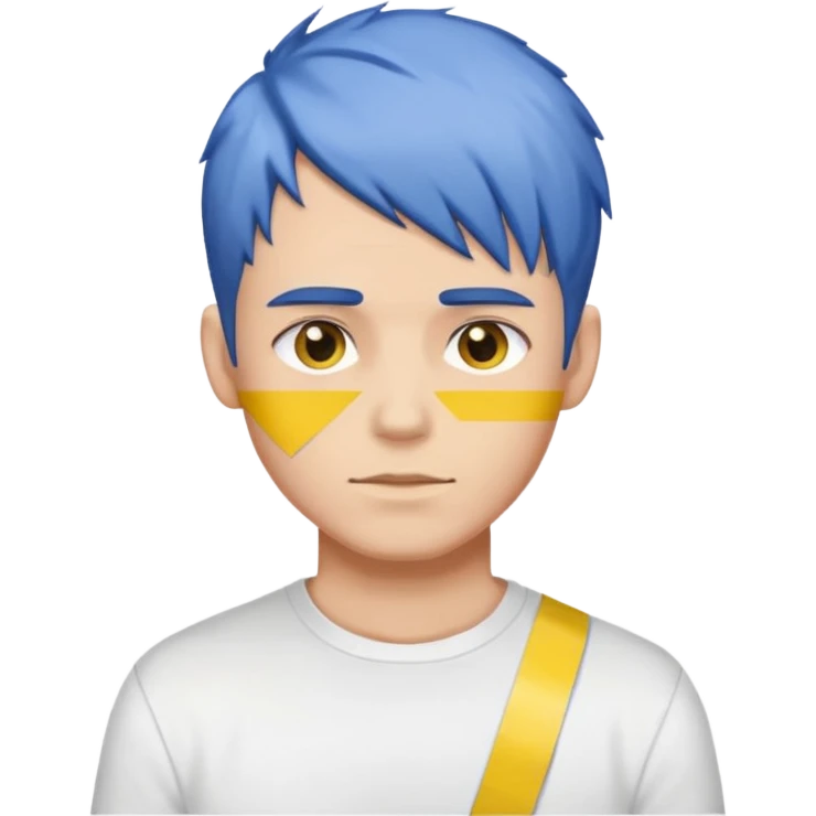 Make me an emoji that has a guy with a white shirt and yellow tape around the shirt with brown and blue hair  emoji