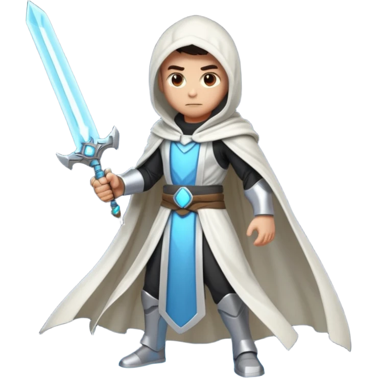 sci-fi space warrior human, glowing energy sword, hooded robe, heroic stance, 3D cartoon, mobile game character icon, clean background, no text
 emoji