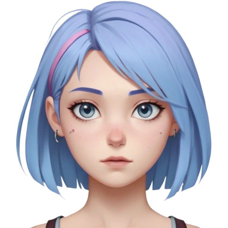 Vi from Arcane (Netflix Animation)

Face Shape: Strong, angular with high cheekbones and a defined jawline. Slightly pointed chin.
Skin Tone: Fair with a pinkish undertone.
Eyes: Large, almond-shaped, slightly downward-tilted, grey/light-blue.
Eyebrows: Thick, sharp, slightly arched, adding to her bold expression.
Nose: Small to medium with a slightly upturned tip.
Lips: Full but not overly plump, often pursed or smirking.
Hair: left side shaved, right side with long, voluminous bangs partially covering her eye. The back is short and messy.
Other Features: Light freckles, a scar on her right eyebrow.
Expression: Intense and confident, often smirking or glaring.
Accessories: Small silver hoop earring in her left ear.
Tattoo: Roman numeral "VI" on her left cheekbone, below her eye. emoji