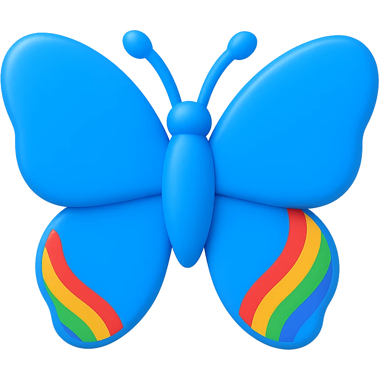 a butterfly with shiny blue wings with rainbow pride accents, 3D look emoji