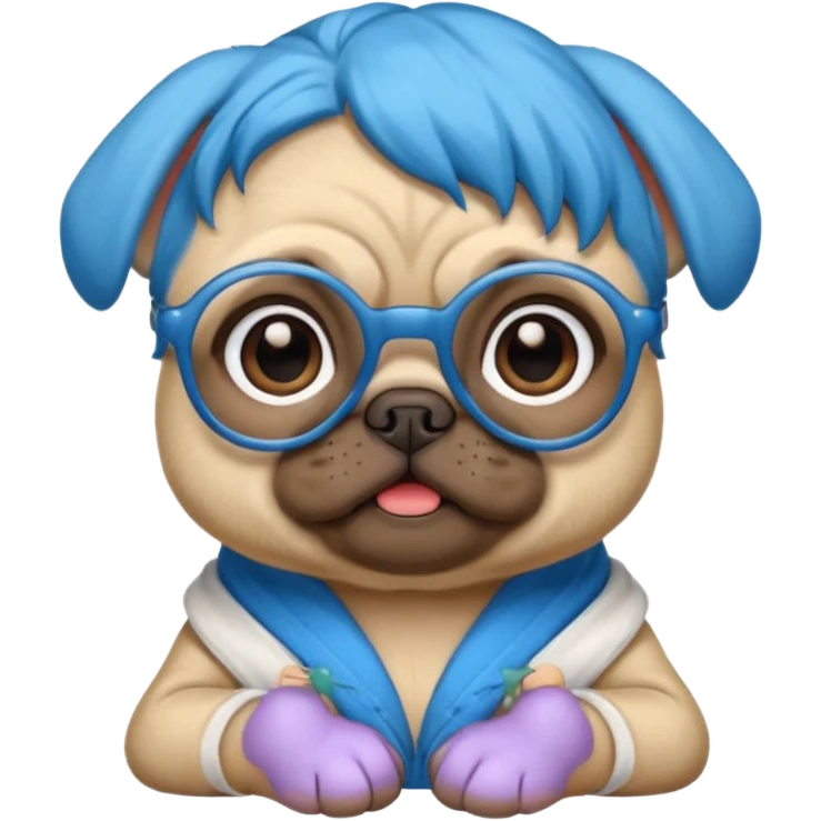 long blue haired baby pug wearing glassess emoji