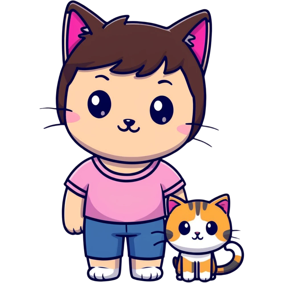 character with dark brown hair clipped back with a hairpin, sweet eyes, pink top, holding a cat emoji