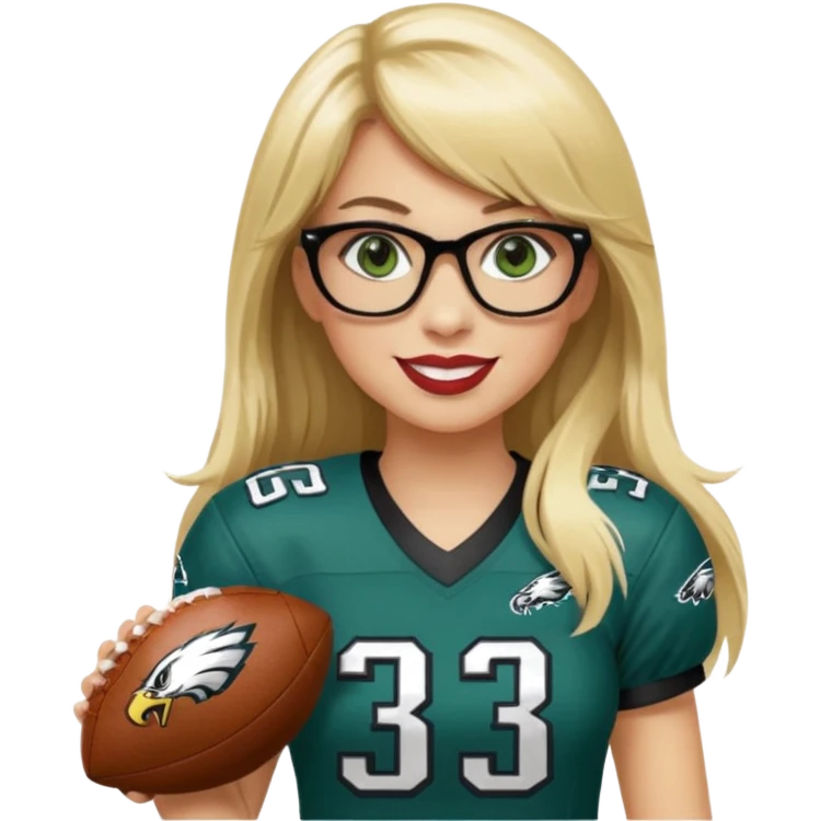 full length women wearing eagles uniform, long blonde hair, styled bangs, green eyes, black glasses, holding football, number 33, smiling, lipstick emoji