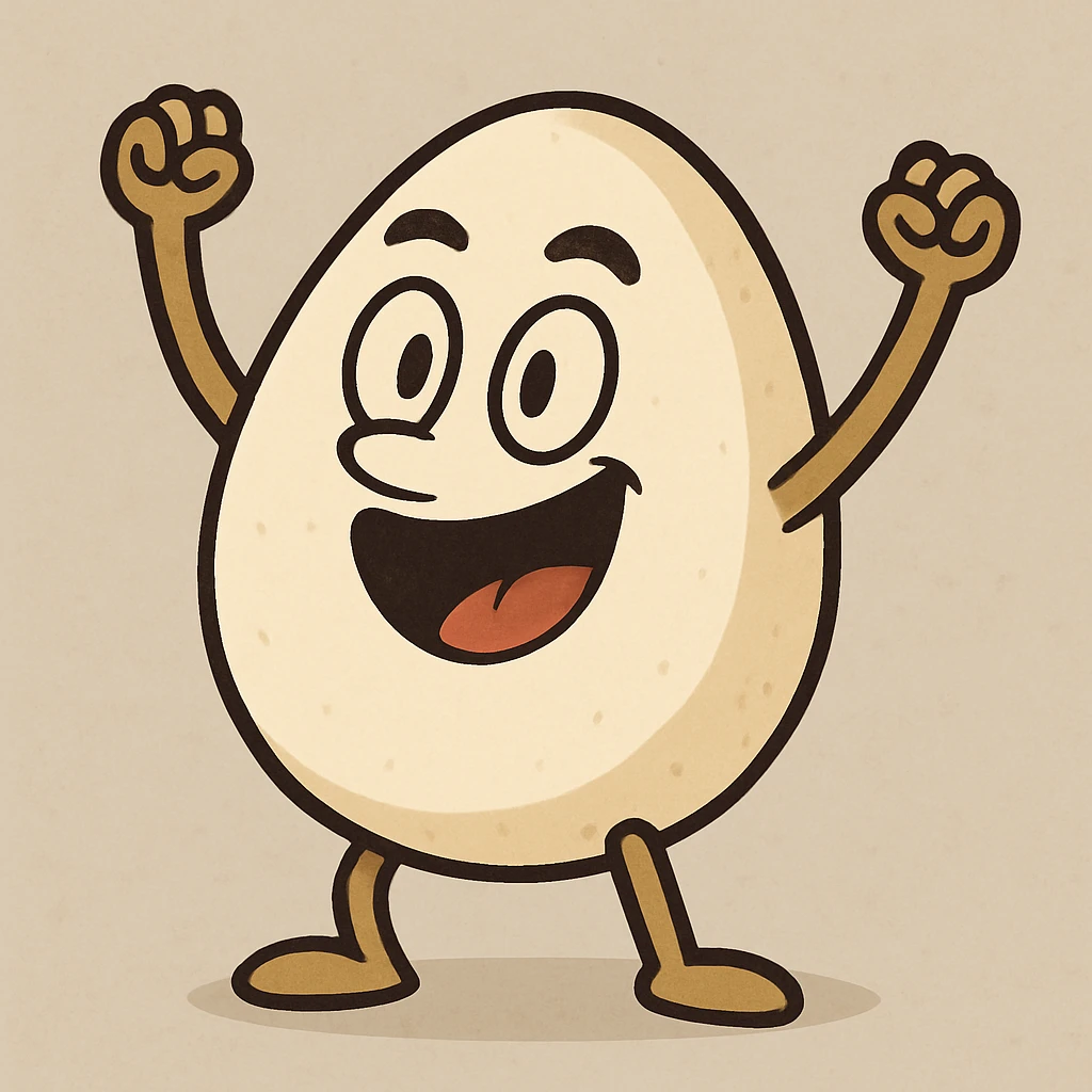a cartoon egg with arms raised, celebrating, flat illustration style emoji