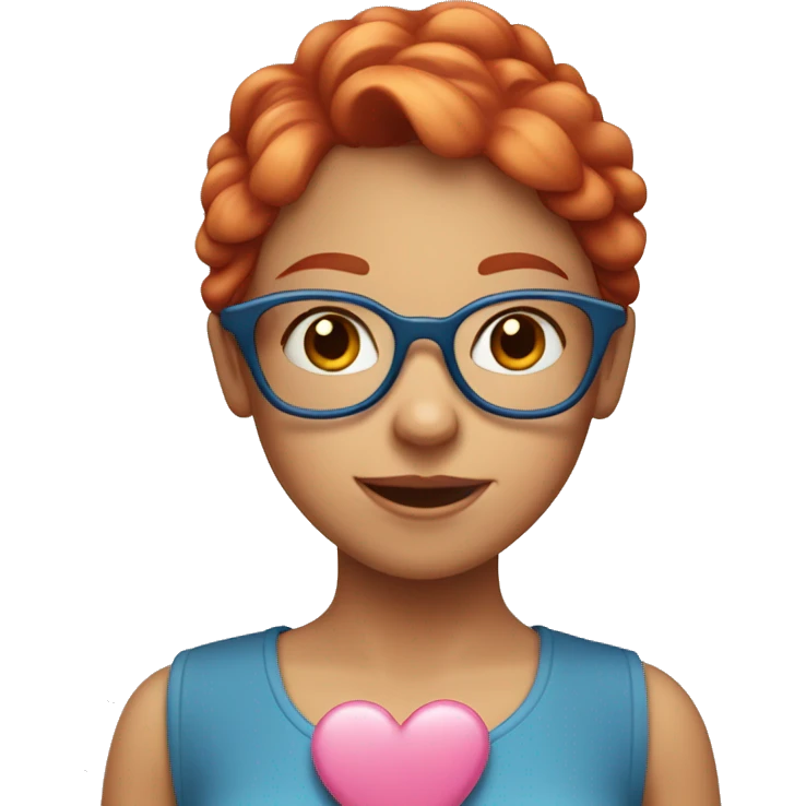 Emoji of a red-haired girl in glasses, wearing a blue dress and holding a pink heart, with a sweet and friendly expression. emoji