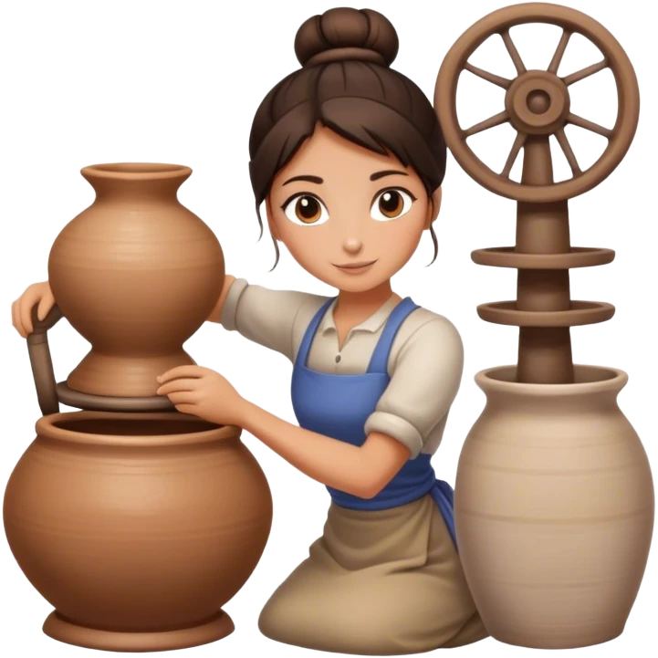 Brunette girl with bun, behind pottery wheel emoji