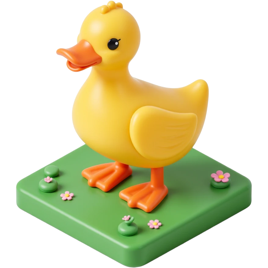 A toy duck standing on a green plot / base with small flowers emoji
