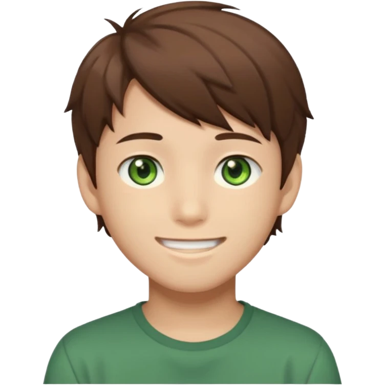 Discord emoji. the face of an Anime asian style teen boy with brown hair, green eyes, looking smiling slightly sideways positioned. Face must be main filling of the frame.  128px emoji