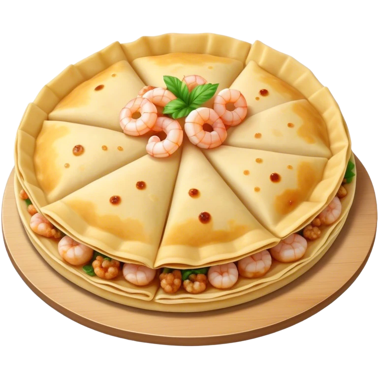 Bánh Xèo Cinematic Realistic Bánh Xèo Dish Emoji, depicted as a crispy, folded semi circle crepe filled with tiny shrimp and pork, rendered with dynamic textures and vibrant, appetizing lighting. emoji