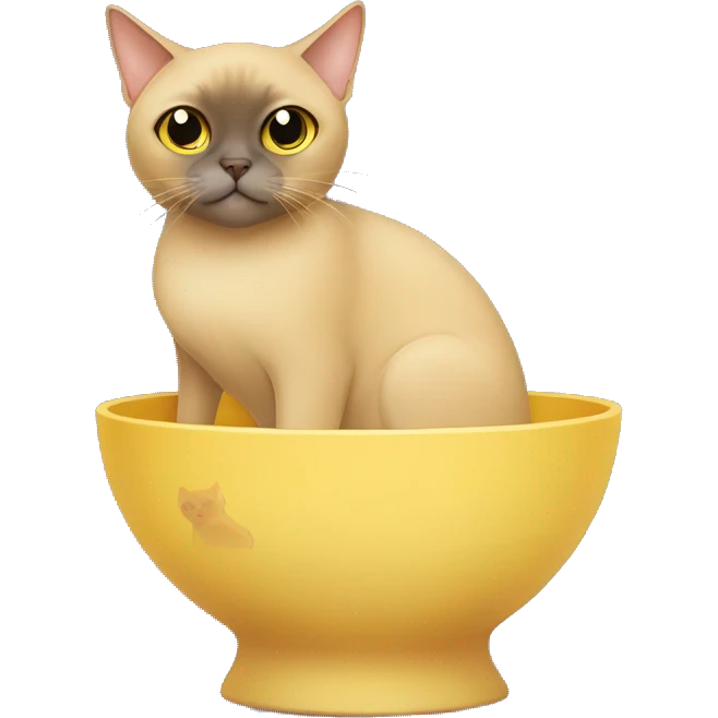burmese cat sitting next to small yellow bowl emoji