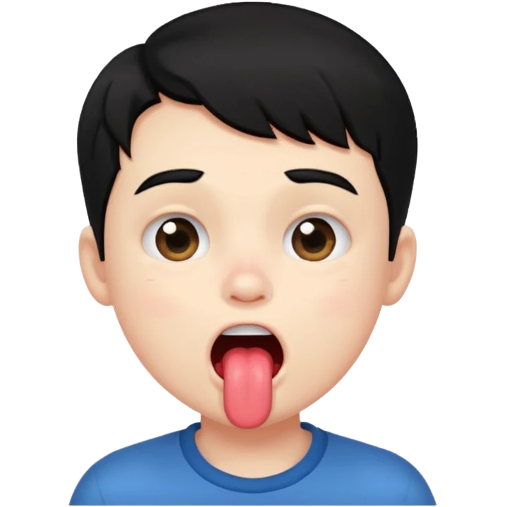 Boy with pale skin, black hair, making a blushing face, mouth open, drooling emoji