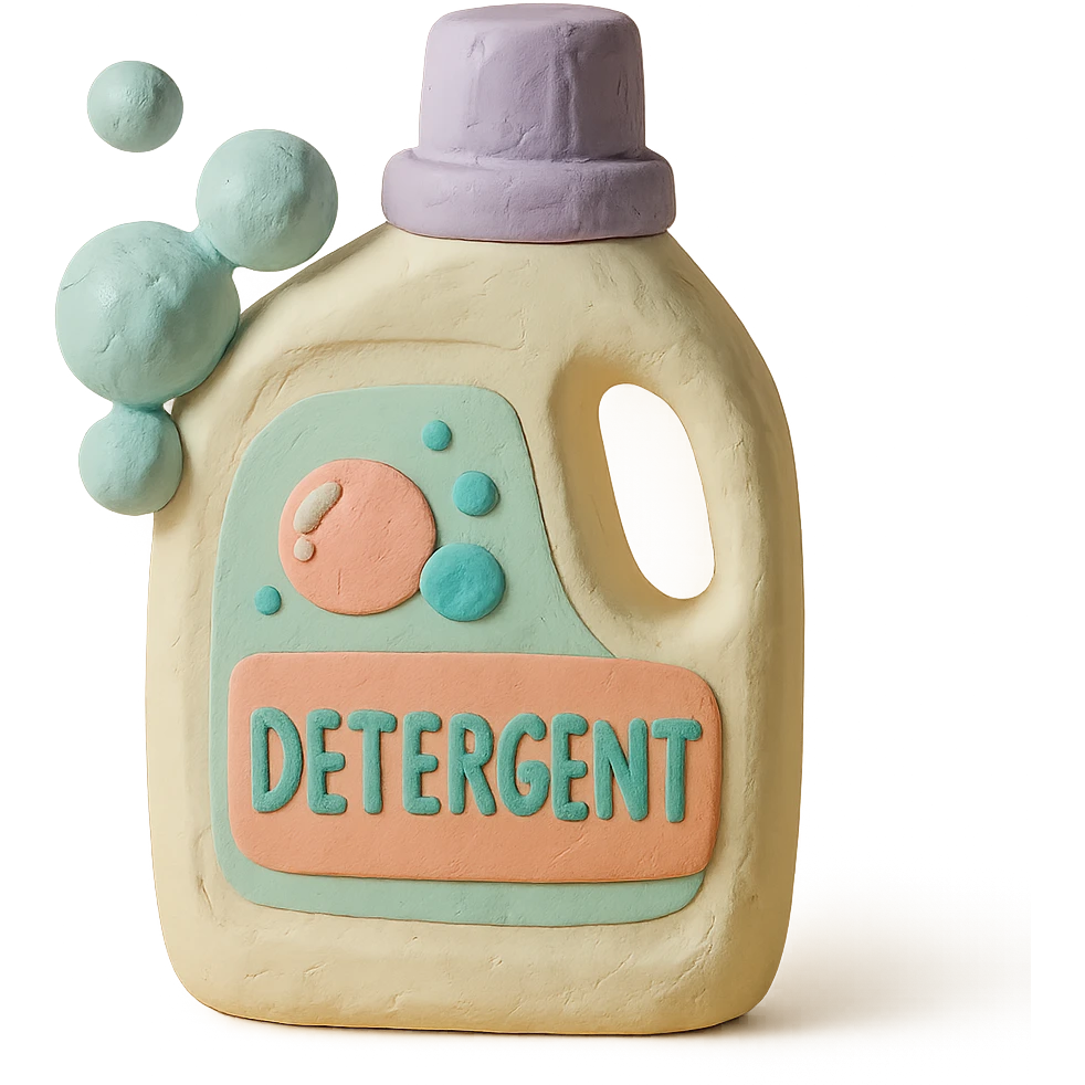 detergent bottle in claymation style with bubbles and a playful label, pastel palette emoji