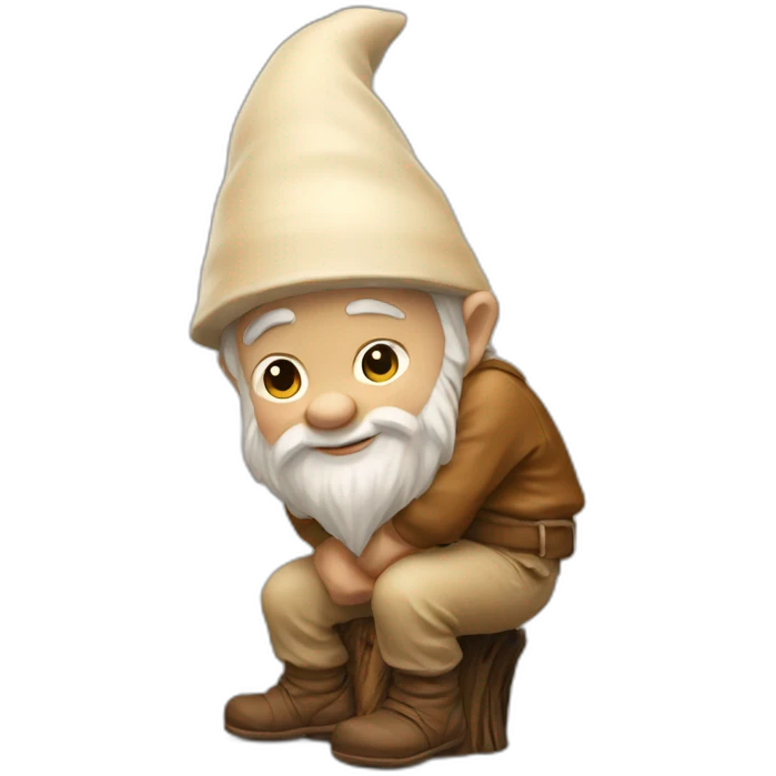 side view of gnome with light tan pants squatting on top of tiny brown log emoji