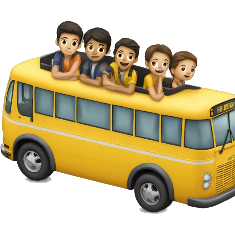 a yellow bus with 4 boys and 4 girls in it emoji