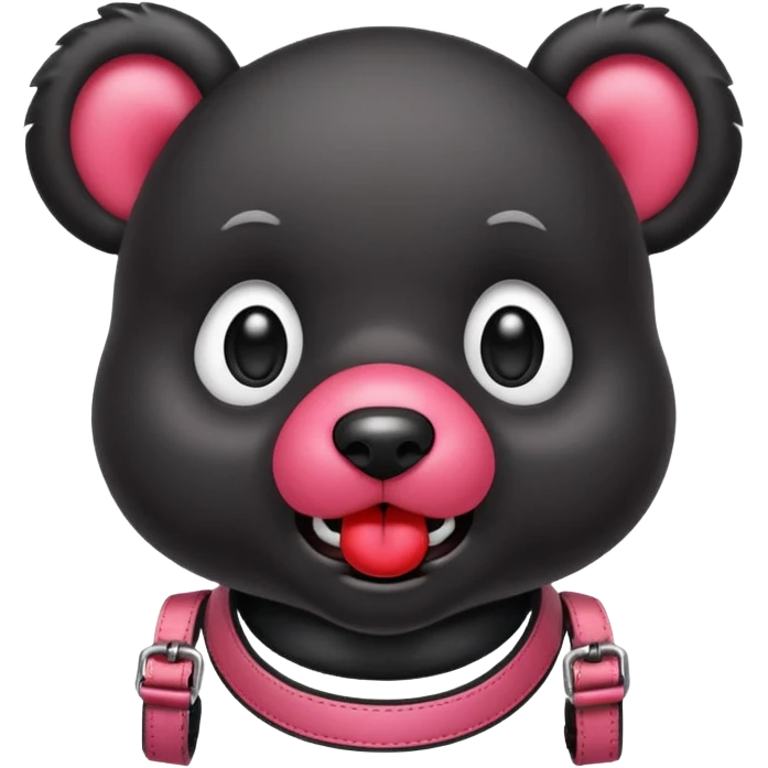 Gloomybear wearing black harness, red bubblegum in mouth emoji