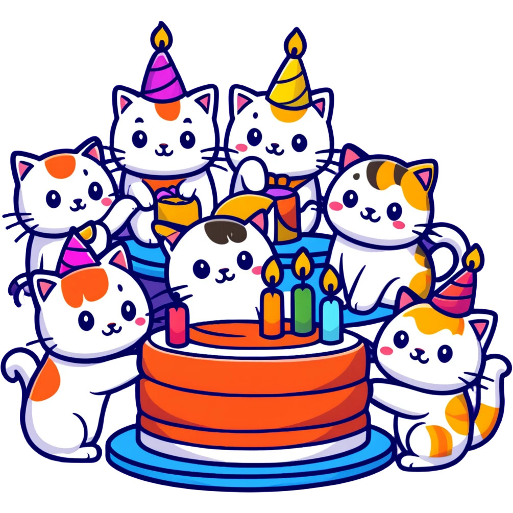 six happy cats wearing colorful party hats celebrating a birthday party around a festive cake made entirely of sushi with candles emoji