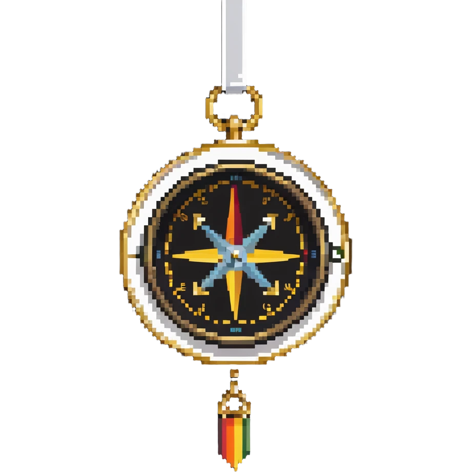 iOS compass device with gold frame and directional markers hanging from a white ribbon emoji