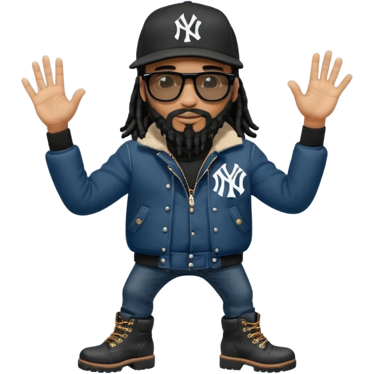 African American man with shoulder length black dreadlocks with black beard wearing black sunglasses wearing a New York Yankees logo baseball cap wearing a dark black bubble winter coat wearing denim skinny jeans and Timberland boots hand giving a high five emoji