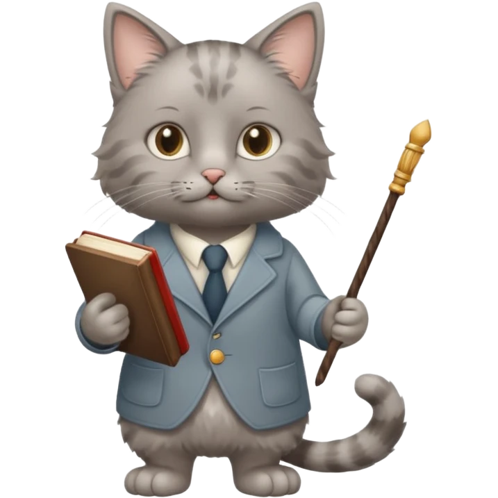 A cat with a mirror on its feet, a book in one hand, a teacher's stick in the other, and hair that looks like Einstein's. emoji