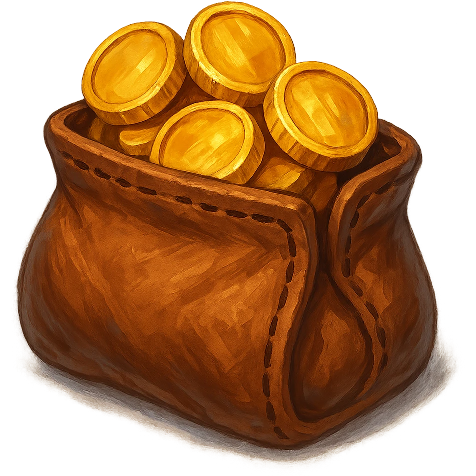 В cлегка рисованной, но при этом объемной и яркой стилистике сгенерируй картинку кожаного кошелька, из которого торчат золотые монеты. Они должны выглядеть не как пластмассовые, а как настоящее золото. Прозрачный фон emoji