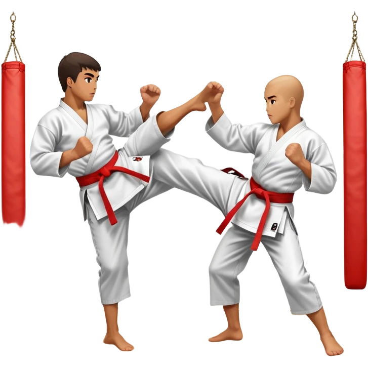 Two karate fighters in traditional gi sparring. One executes a high kick aimed at the opponent’s head, while the other blocks with a strong hand defense. The background features a classic dojo with wooden flooring and banners. Dynamic motion and focused expressions. Transparent background. emoji