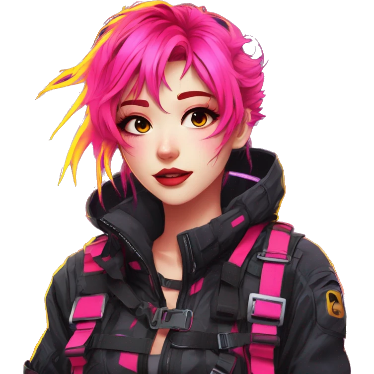 Gorgeous bright colorful neon techwear anime style lady with blushing face aesthetic and pretty edgy black red punk messy hair with collar and harness trending style emoji