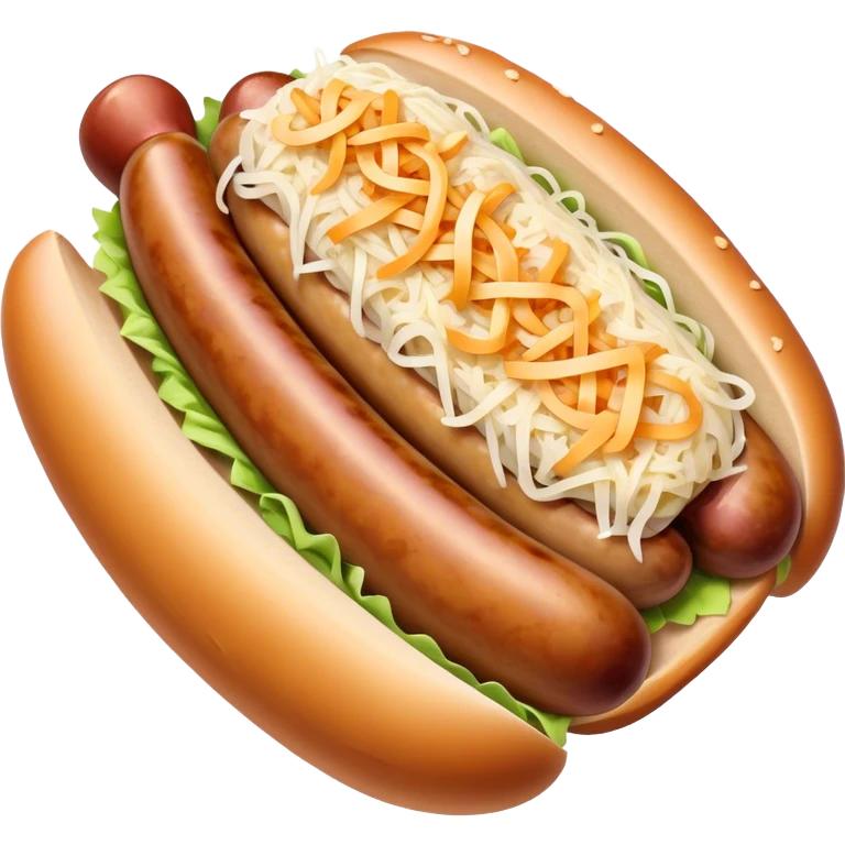 Bratwurst Cinematic Realistic Bratwurst Dish Emoji, depicted as a grilled bratwurst topped with a generous serving of shredded sauerkraut, rendered with rich textures and dynamic, appetizing lighting. emoji