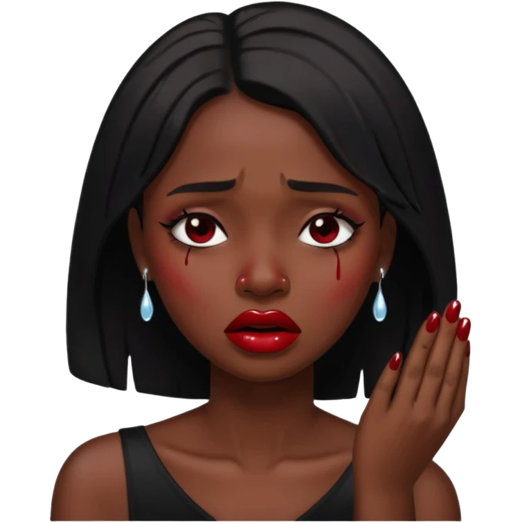 dark skin girl, dark red lipstick, nails very beautiful crying emoji