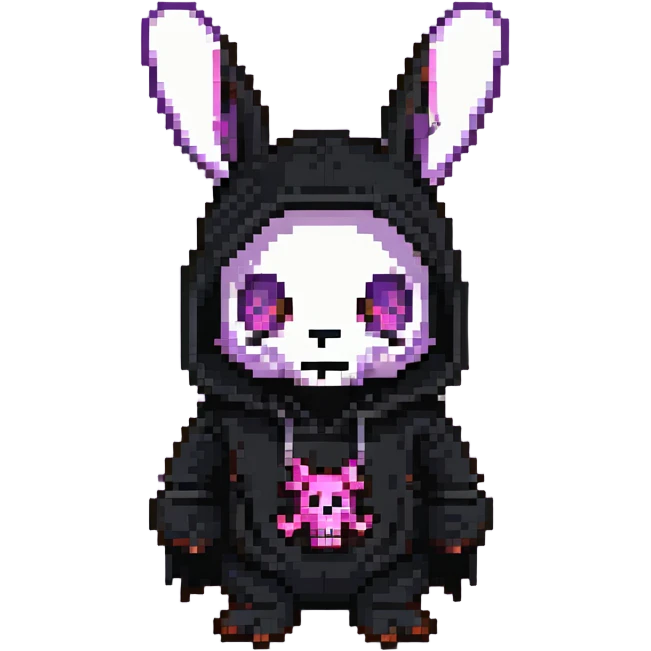 Kuromi character, purple bunny with a black hood and pink skull emoji